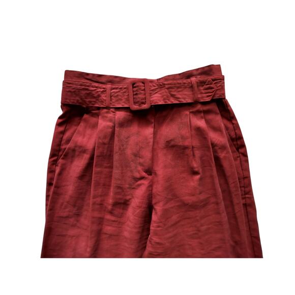 H&M Women's Burgundy Belted Pleated Straight Leg Trouser Pants Size 8 - Picture 2 of 9